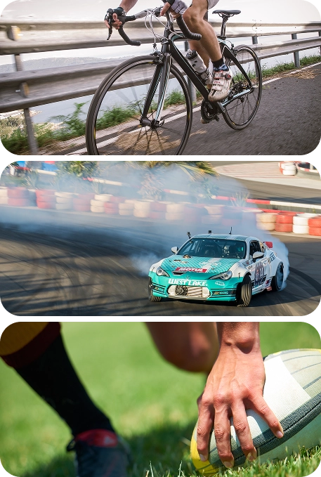 Colagem com momentos de ação de ciclismo de estrada, corridas de drift e râguebi num estilo moderno de entretenimento desportivo.